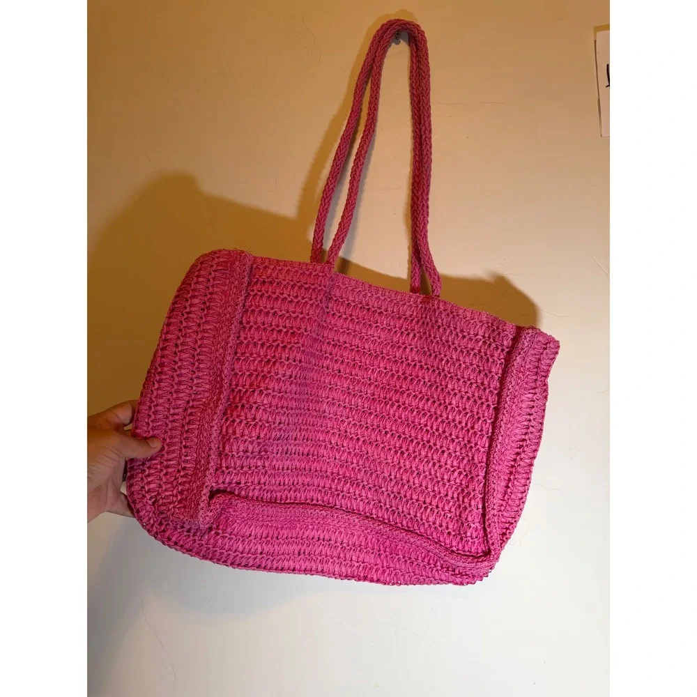 Juicy Couture Tote Bag Straw Woven Embroidered Logo Hot Pink Large